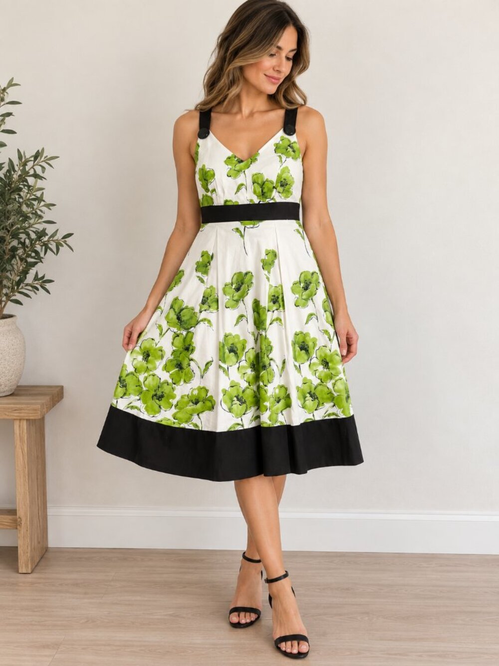 Talbots Green Floral Print Dress Black Trim Cotton Blend Size 6